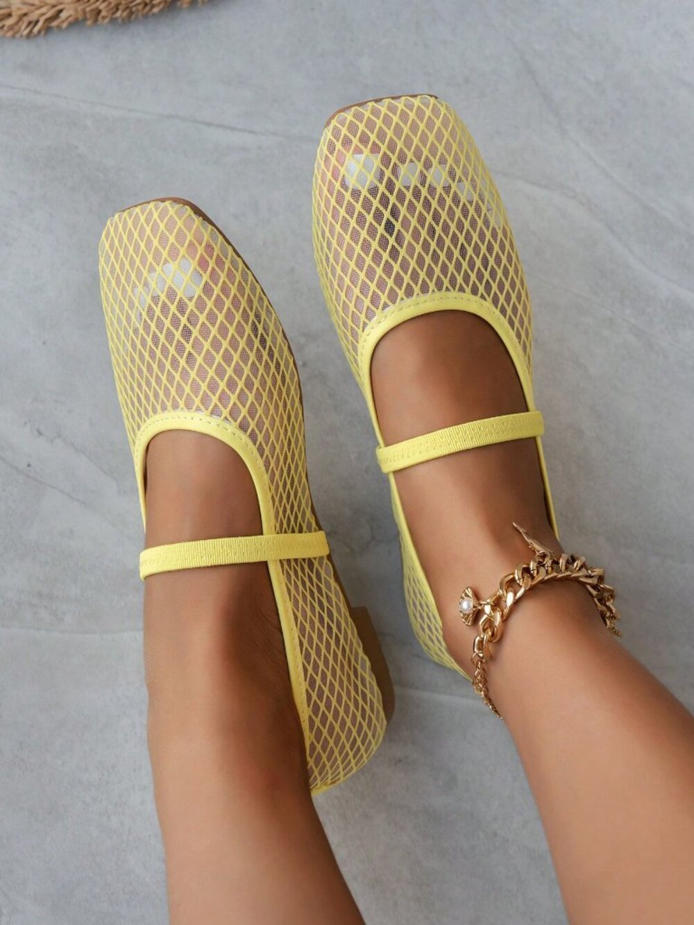 Lemon Yellow Casual Women's Hollow Mesh Flat Slip-On Ballet Shoes - Picture 3 of 6